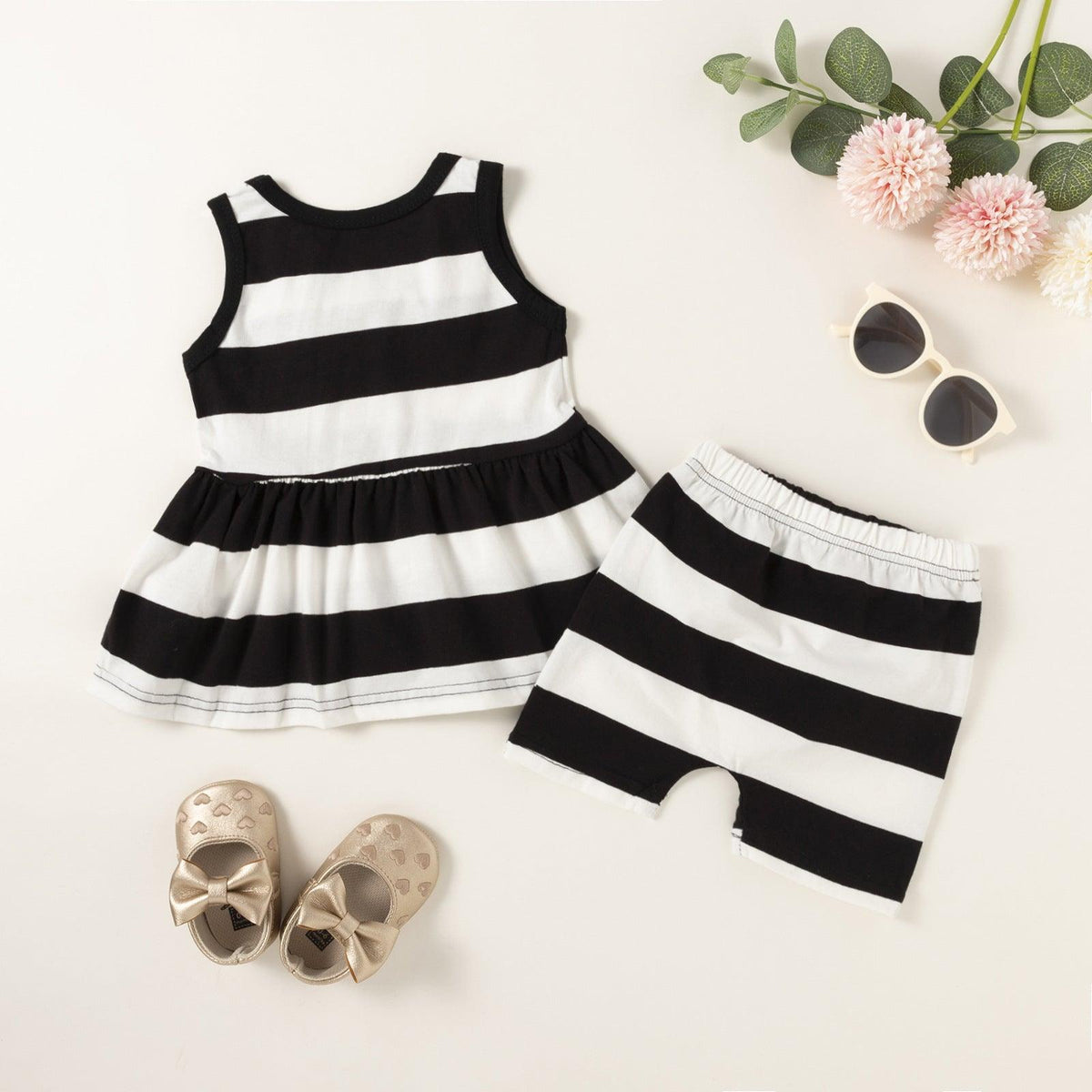 Toddler Kids Girls Summer Stripe Stitched Bow Set - PrettyKid