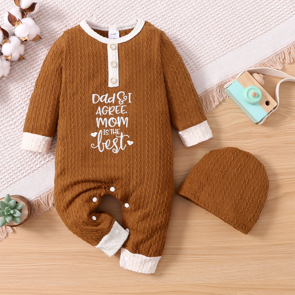 Baby Boys Girls Solid Letter Embroidered Long Sleeve Jumpsuit - PrettyKid