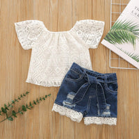 Summer toddler kids girls' short sleeve lace shirt denim perforated shorts suit - PrettyKid