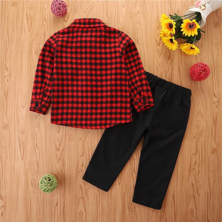 Toddler Kids Boys' Long Sleeve Plaid Shirt Black Pants Set - PrettyKid