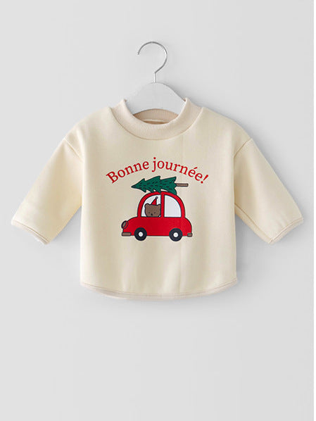 Toddler Kids Solid Color Cartoon Printed Cotton Round Neck Long Sleeve T-Shirt Top - PrettyKid