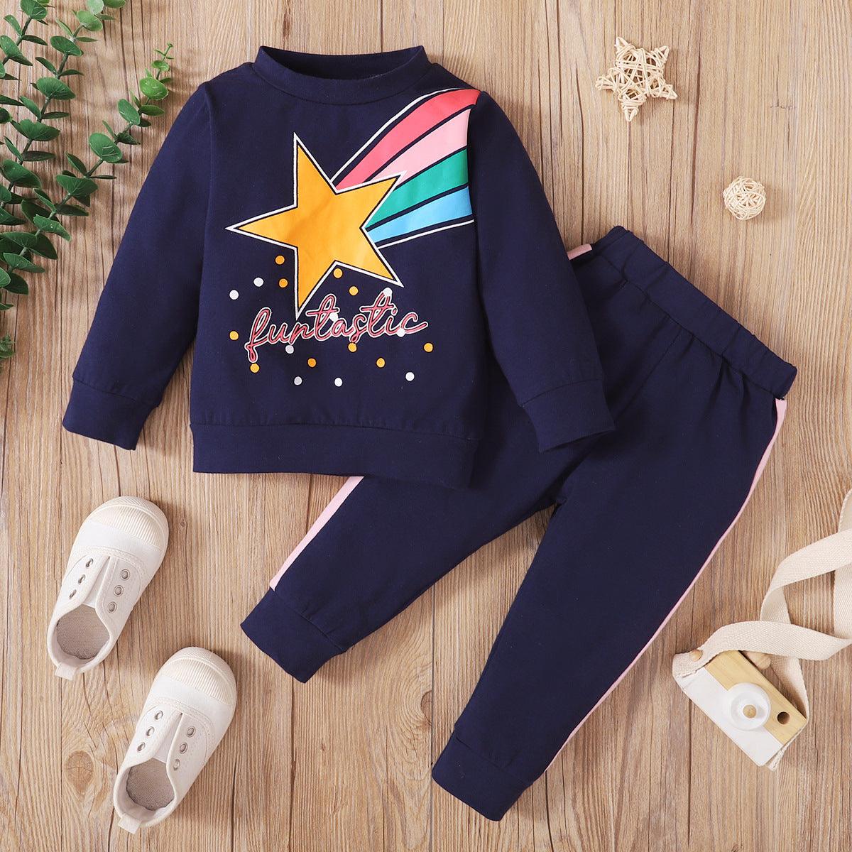 Toddler Boys Girls Solid Color Rainbow Star Print Long-sleeved Suit - PrettyKid