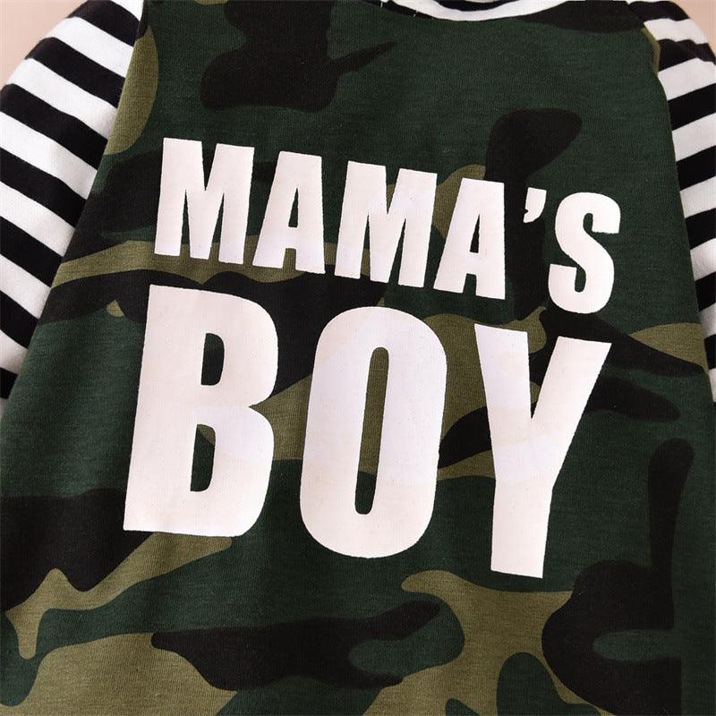 Baby Boys Letter Print Camouflage Patchwork Hooded Jumpsuit - PrettyKid