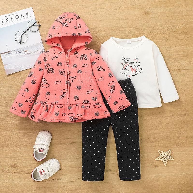 3PCS Toddler Girl Solid Color Printing T-shirt Hooded Jacket Pants Three Pieces - PrettyKid