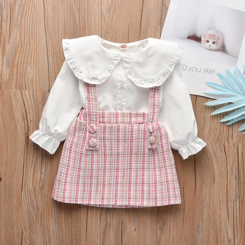 Children Girl's Solid Color Ruffle Doll Collar Shirt PINK PLAID Suspender Skirt Set - PrettyKid