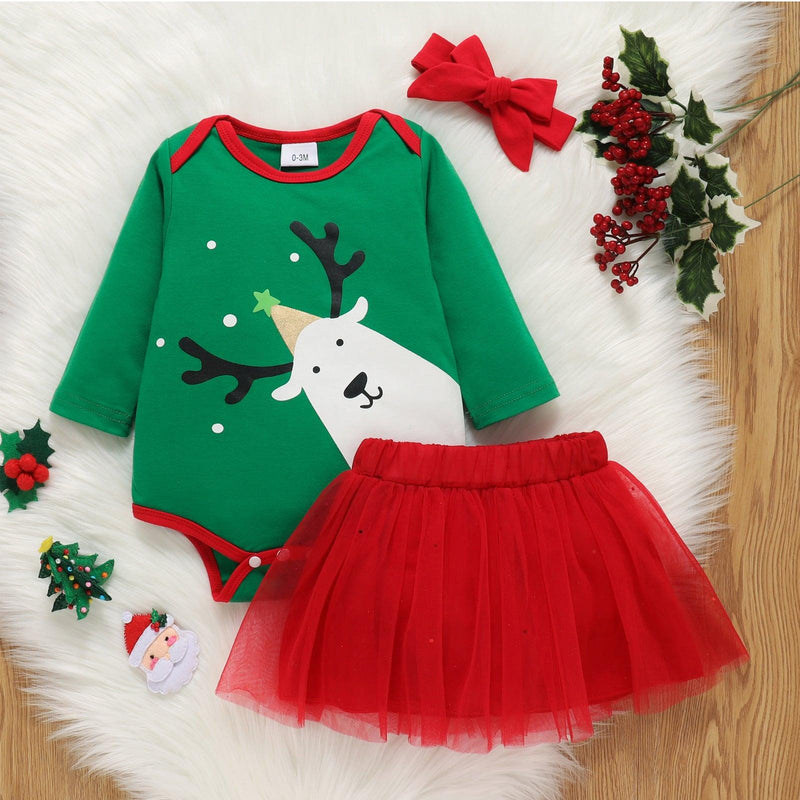 Baby Girls Christmas Deer Long Sleeved One-piece Dress Mesh Skirt Hair Band Suit - PrettyKid