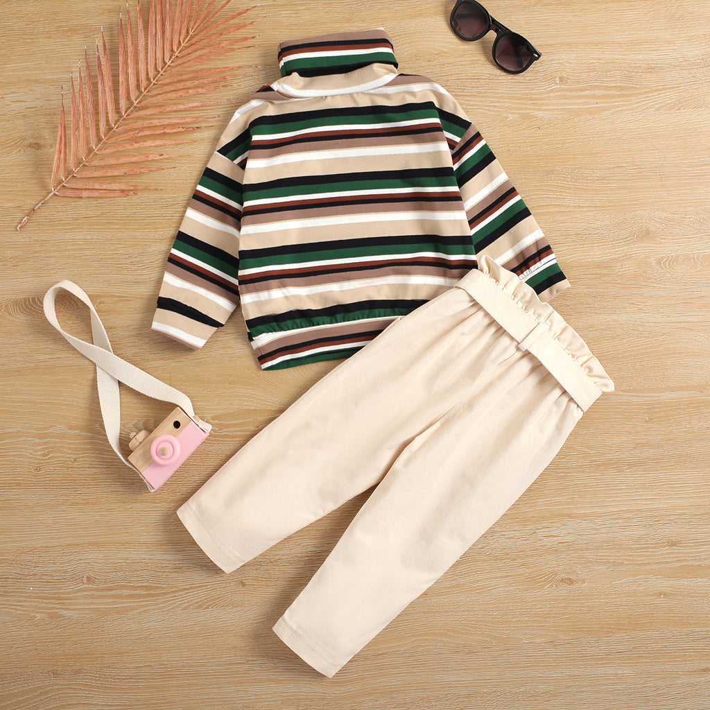 Toddler Kids Girls Striped Long Sleeve High Neck Top Solid Trousers Set - PrettyKid