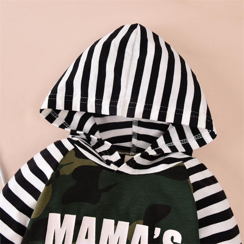 Baby Boys Letter Print Camouflage Patchwork Hooded Jumpsuit - PrettyKid