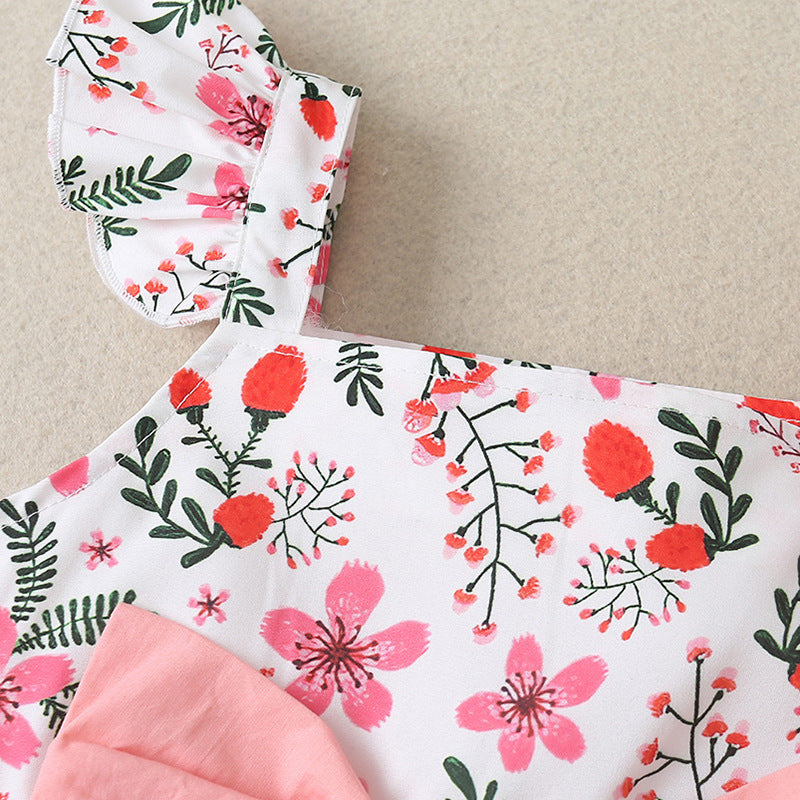 Toddler Kids Girls Pink Lovely Flower Print Top Solid Ruffle Set - PrettyKid