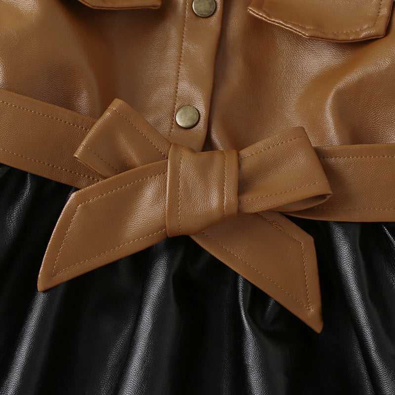 Girls' Autumn and Winter Leather Jacket Medium Length Splicing PU Leather Skirt Coat - PrettyKid