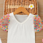Toddler Kids Girl Solid Color Dot Mesh Stitched Short Sleeve V-neck T-shirt - PrettyKid