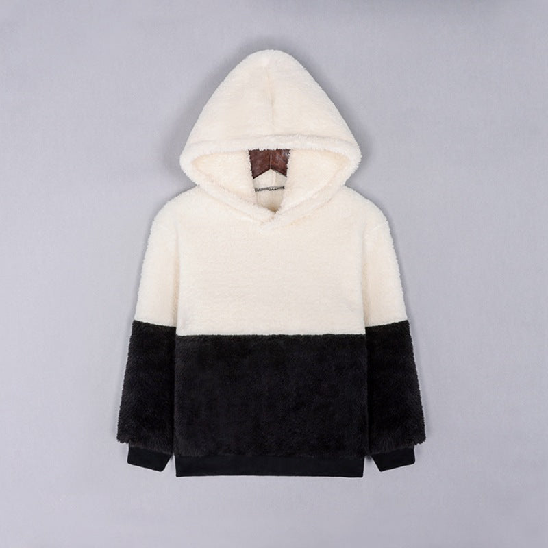 2021 Autumn Winter Children's Solid Color Contrast Multi Panel Hooded Furry Sweater - PrettyKid