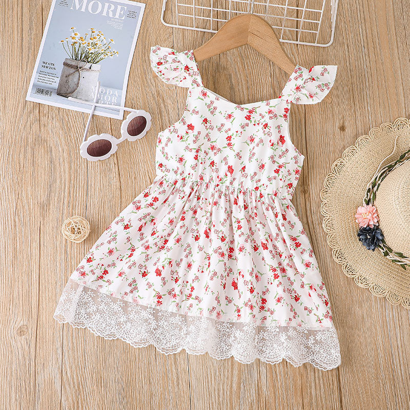 Toddler Girls Solid Flower Print Lace Stitched Sleeveless Dress - PrettyKid
