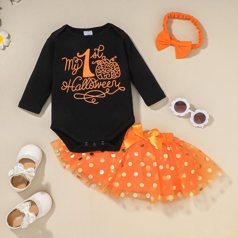 Baby Girls Halloween Suit Long Sleeve Printed T-shirt Wave Dot Skirt Two Piece Set Wholesale Baby Clothes for Resale - PrettyKid