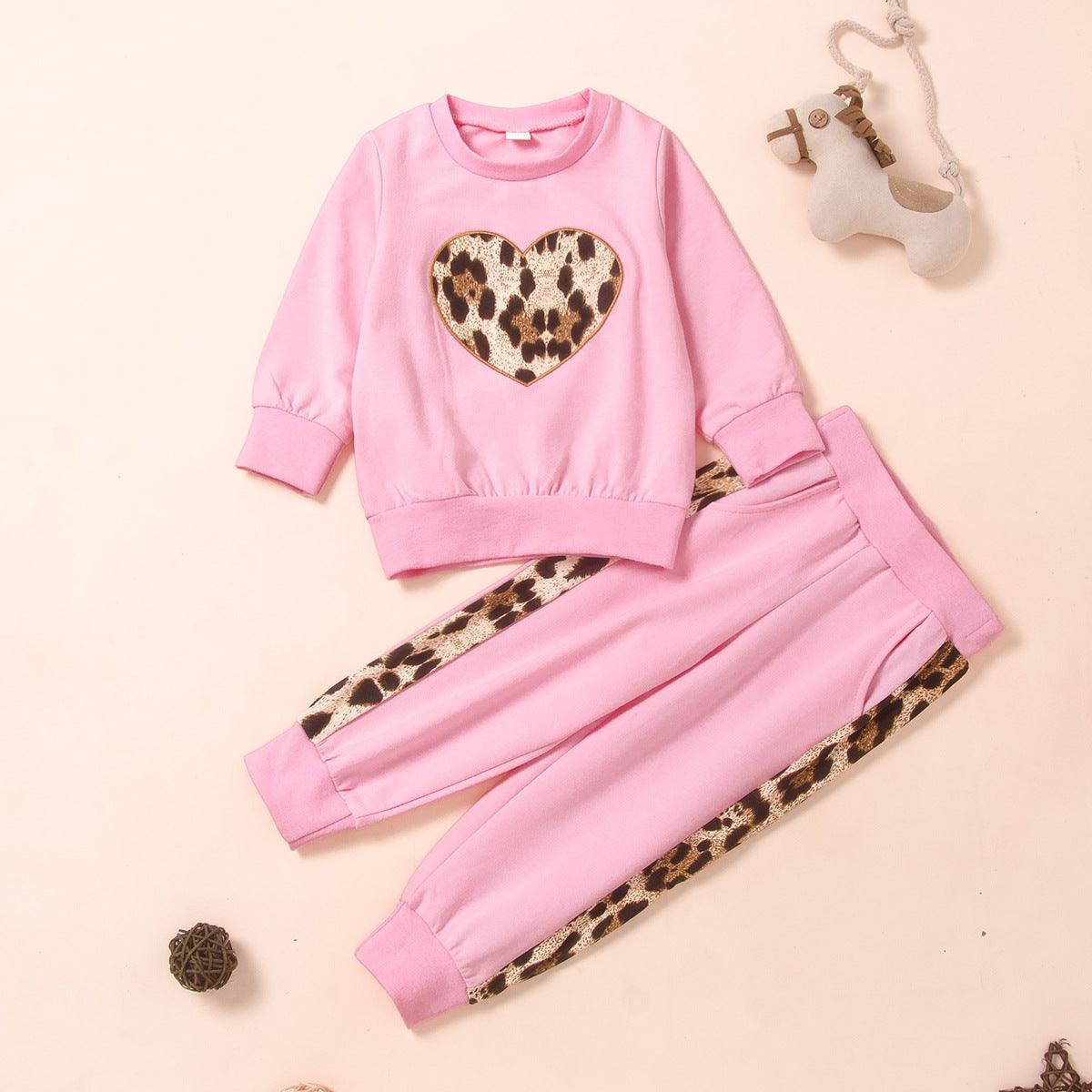 Children Girls Love Leopard Long Sleeved Sweater Pants Set - PrettyKid