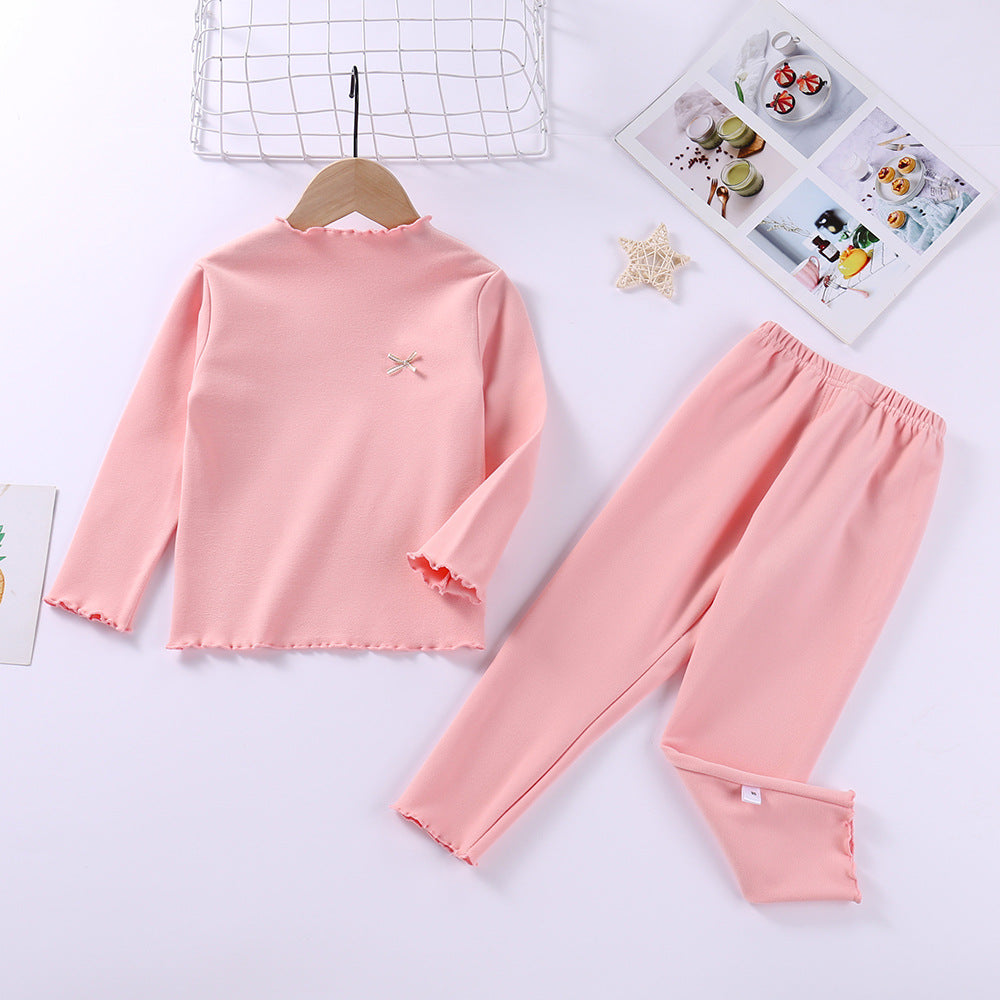 Toddler Kids Girls Solid Color Bow Lace De Velvet Pajamas Set Children's Warm Home Wear - PrettyKid