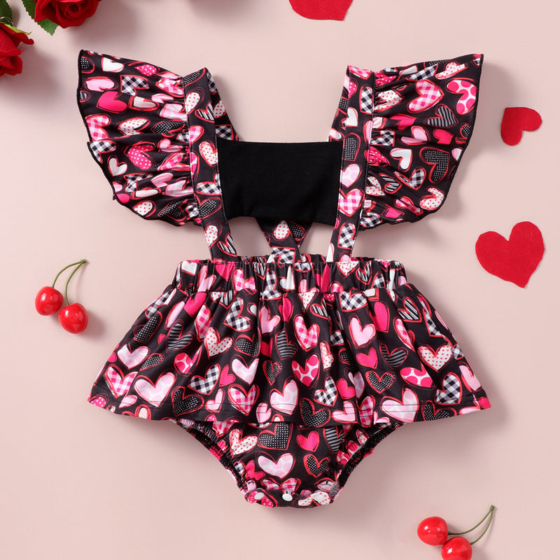 Baby Girls Solid Colour Love Print Valentine's Day Sleeveless Bodysuit - PrettyKid
