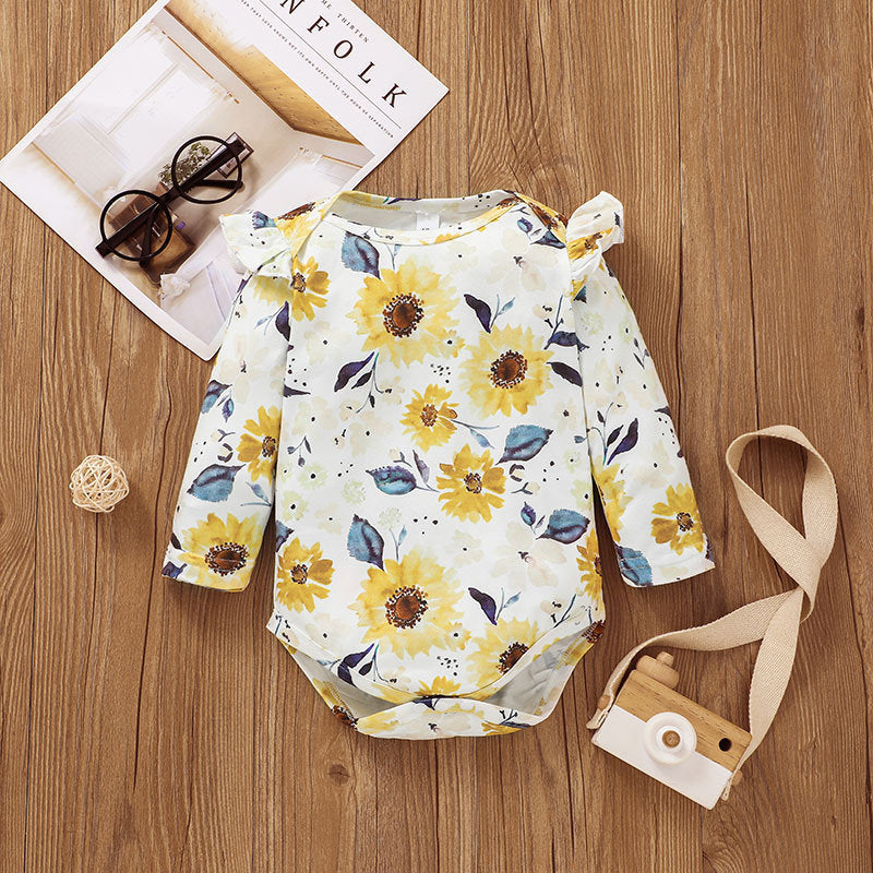 Baby Girls Flowers Printed Long Sleeve Jumpsuit Solid Color Suspender Skirt Set - PrettyKid