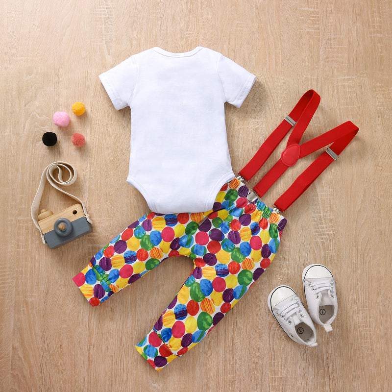 Baby Boys Dot Digital Print Bow Tie Round Neck Long Sleeve Strap Trousers Jumpsuit Suit - PrettyKid