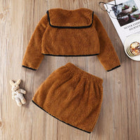 Toddler Kids Girls Brown Long Sleeved Lapel Furry Coat Skirt Suit - PrettyKid