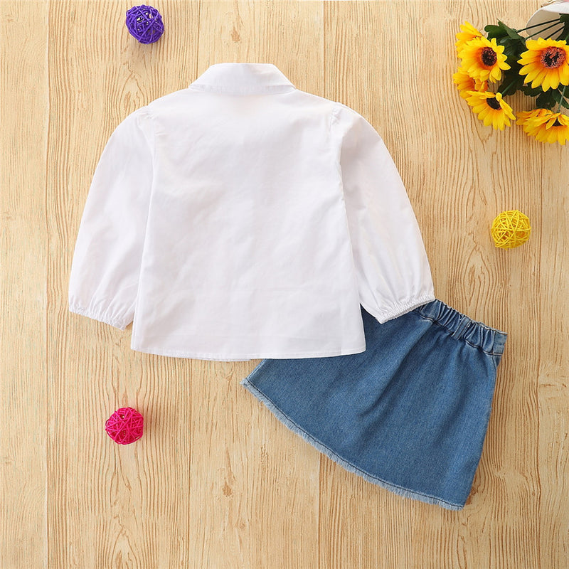 Toddler Kids Girls White Shirt Bow Denim Skirt Set - PrettyKid