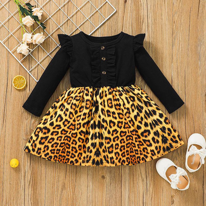 Toddler Girls Black Long Sleeve Top Leopard Dress - PrettyKid