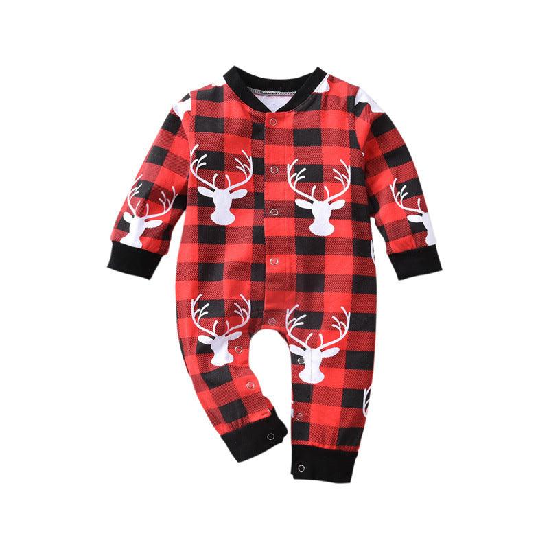 Children Cartoon Deer Head Christmas Print Plaid Long Sleeve Christmas Suit - PrettyKid