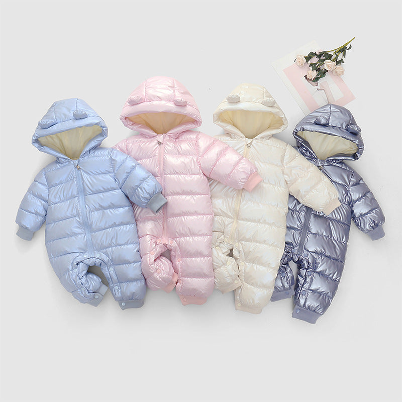 Baby Boys Girls Solid Color Lovely Printed Hooded Jumpsuit Plush Thickened Down Cotton Jacket - PrettyKid