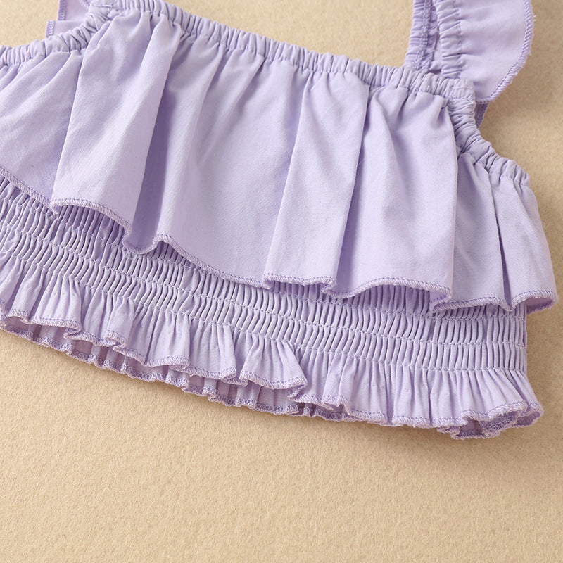 Toddler Kids Girls Summer Solid Sleeveless Ruffle Stitched Vest Shorts Set - PrettyKid