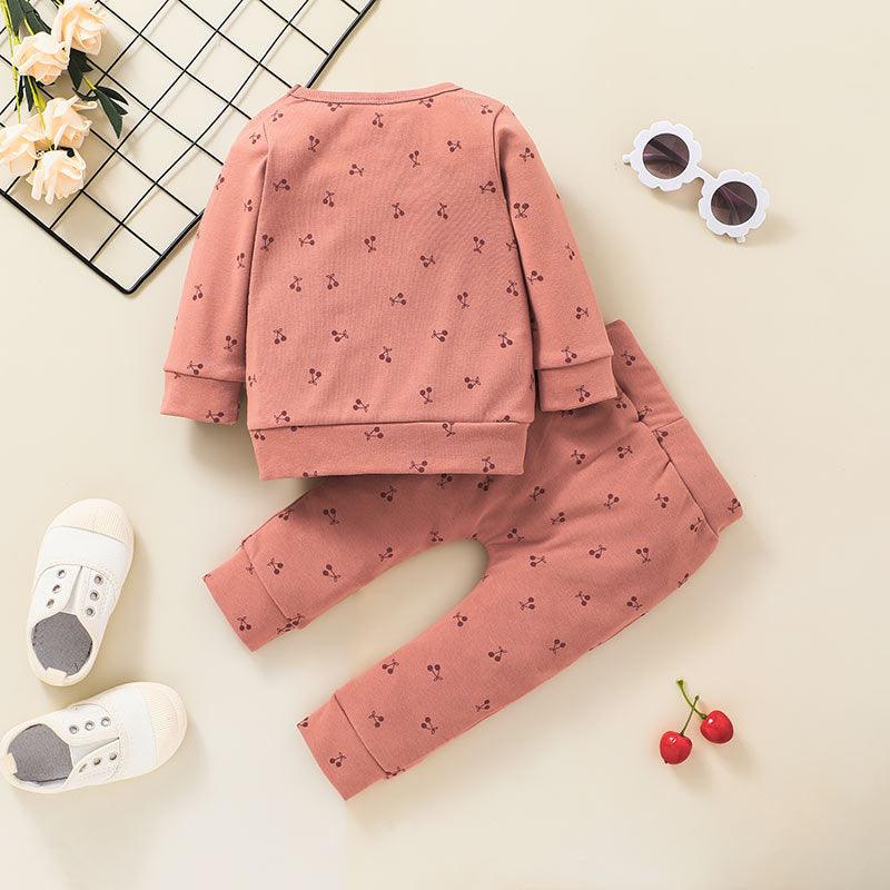 Toddler Kids Solid Color Printed Round Neck Sweater Pants Set - PrettyKid