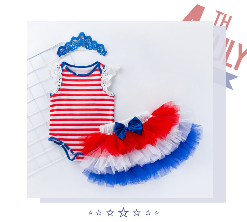 Children's Sets American Independence Day Sleeveless Harness Half Skirt Three Sets of Baby Crawling Clothes Colorful Princess Dress - PrettyKid