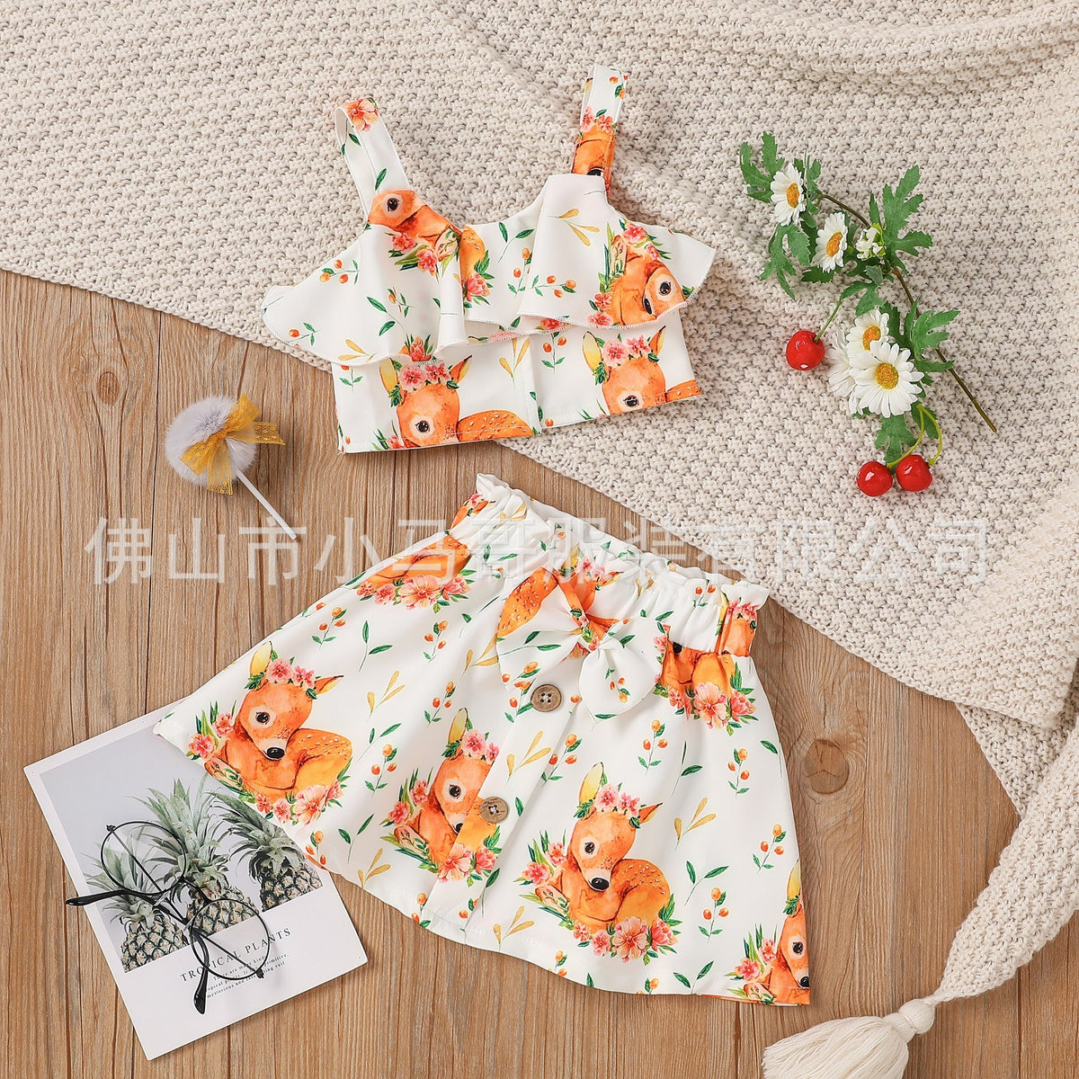 Toddler Kids Girls Cute Deer Print Halter Bow Half Skirt Set - PrettyKid