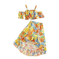 3 Girls' Suit Cute Print Off-shoulder Suspender Top Irregular Skirt Two-piece Set