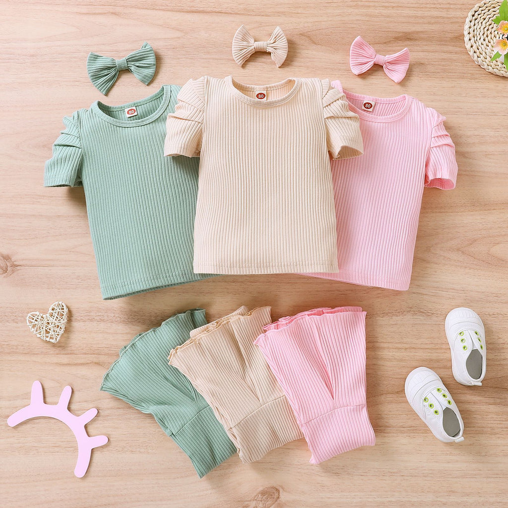 9M-4Y Baby Girl Outfit Sets Solid Ribbed Short-Sleeve Flared Pants Wholesale Baby Boutique Clothing - PrettyKid