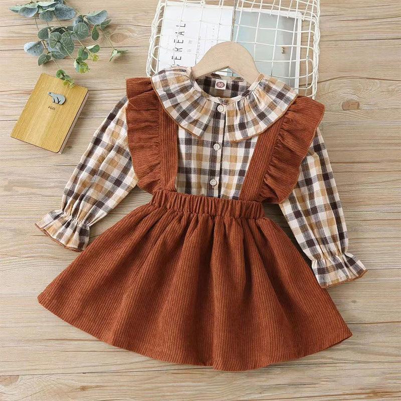 Toddler Kids Girls' Plaid Shirt Strap Skirt Set - PrettyKid