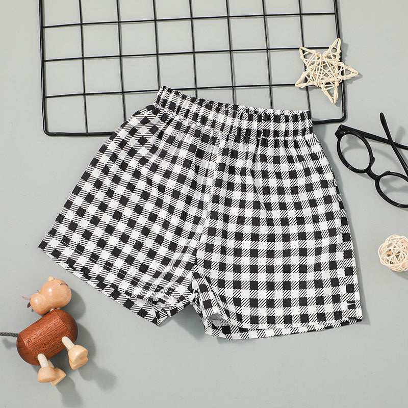 Toddler Kids Boys Solid Colour Short Sleeve Top Waistcoat Black and White Check Print Shorts Gentleman's Suit - PrettyKid