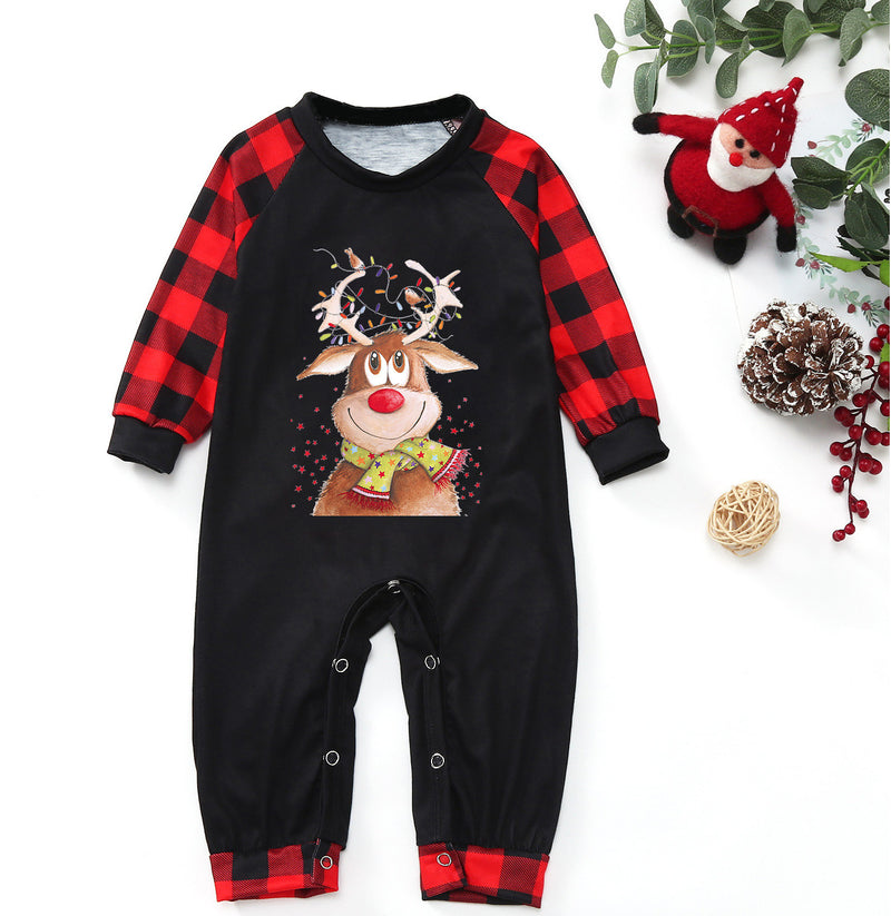 Mommy and Me Lovely Fawn Christmas Printed Top Plaid Trousers Pajama Set - PrettyKid