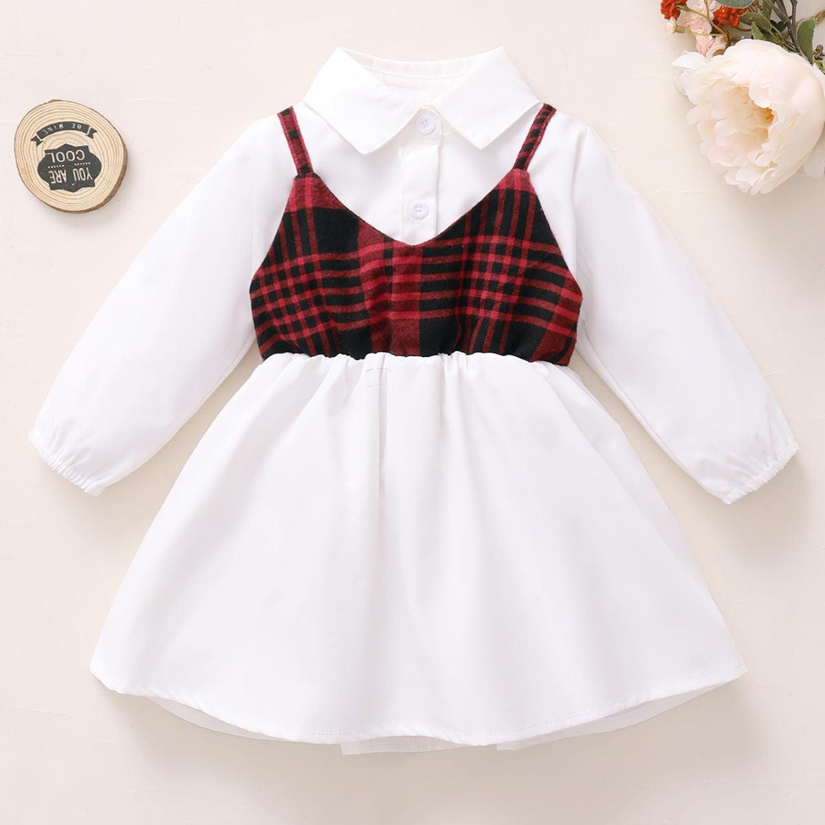 Toddler Girls Solid Long Sleeve Plaid Vest Shirt Dress - PrettyKid