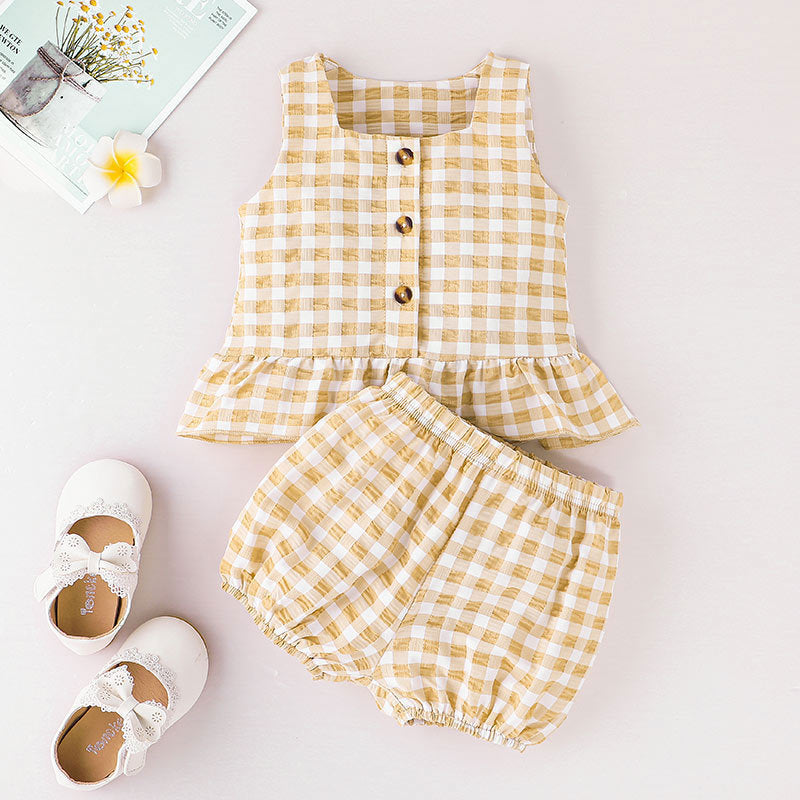 Toddler Kids Girls Solid Plaid Printed Sleeveless Top and Shorts Set - PrettyKid