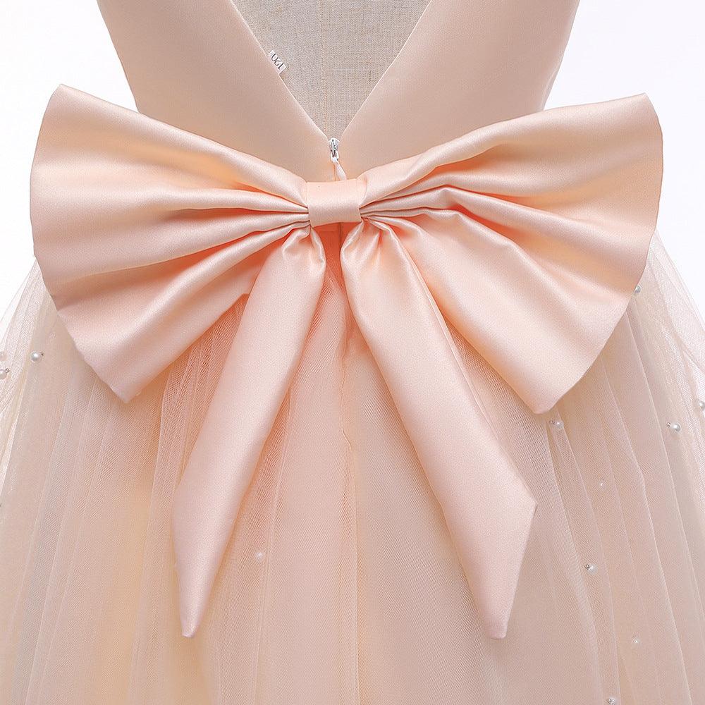 Toddler Kids Girls' Solid Color Satin Mesh Sleeveless Backless Bow Princess Dress - PrettyKid