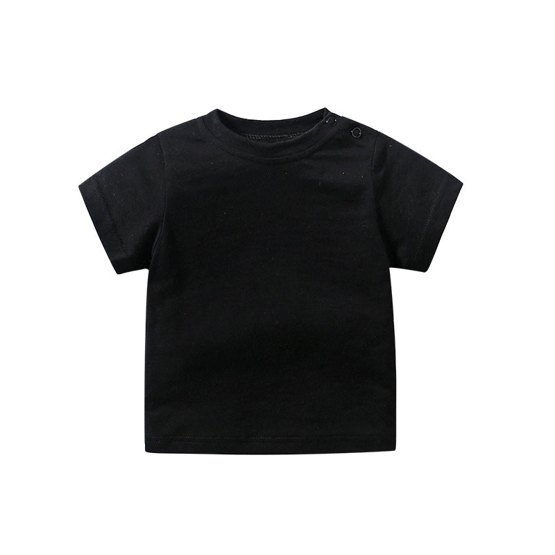 Baby Boys Girls Crew Neck Shoulder Button Short Sleeve T-shirt Cotton Solid Bottomed Shirt - PrettyKid