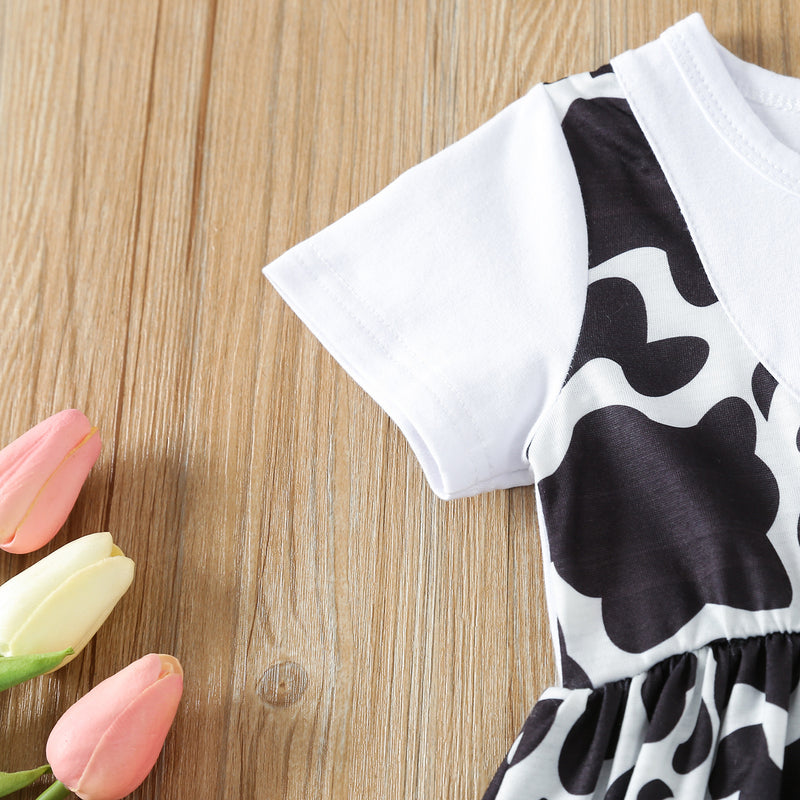 9M-4Y Toddler Girls Fake Two Piece Cow Print Short Sleeve Suspender Dresses Wholesale Little Girl Clothing - PrettyKid