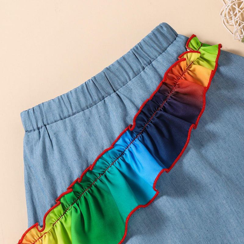 Toddler Kids Girls Rainbow Sleeveless Pleated Halter Denim Skirt Set - PrettyKid