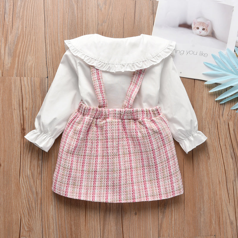 Children Girl's Solid Color Ruffle Doll Collar Shirt PINK PLAID Suspender Skirt Set - PrettyKid