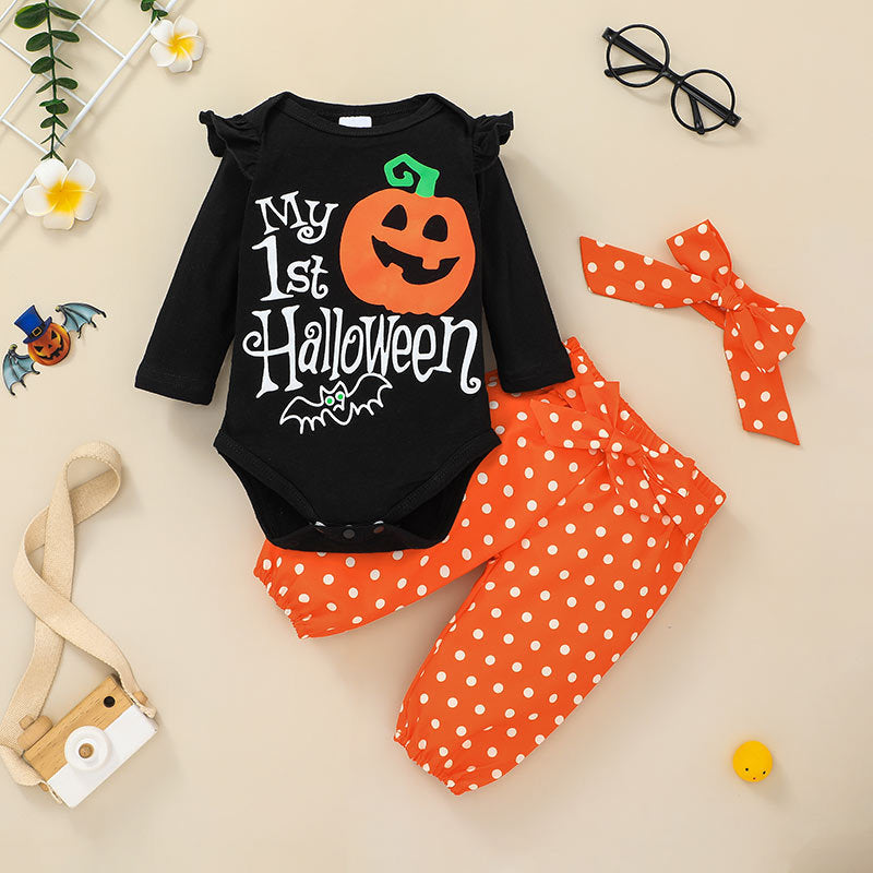 Baby Girls Letter Halloween Pumpkin Print Top Wave Dot Pants Two Piece Set Bulk Childrens Clothing - PrettyKid
