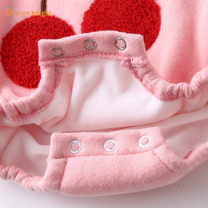 Baby Girls Thick Velvet Cherry Printed Jumpsuit - PrettyKid
