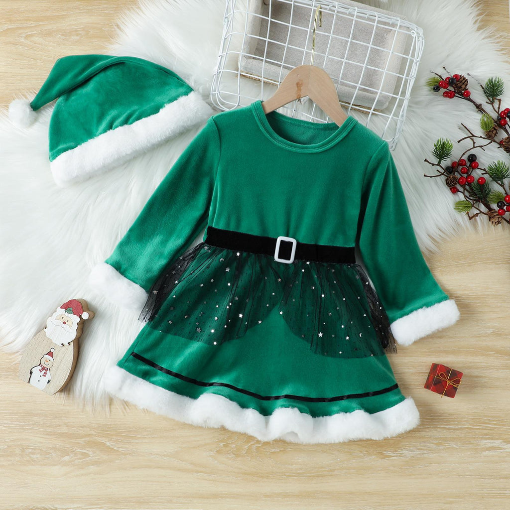 2022 Toddler Girls Long-sleeved Solid Color Mesh Stitching Christmas Dress - PrettyKid