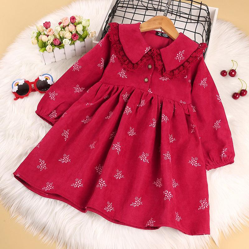 Christmas Children's Dress Girl's Long Sleeve Dress Baby Collar Printed Princess Dress - PrettyKid