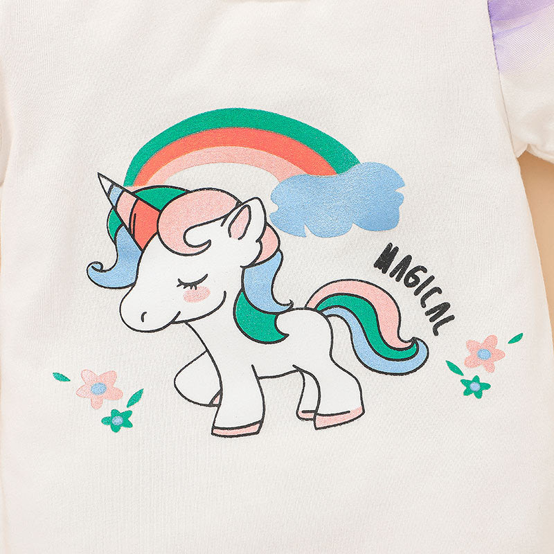 Toddler Girls Solid Color Unicorn Print Short-sleeved T-shirt Rainbow Mesh Splicing Skirt Pants Set - PrettyKid