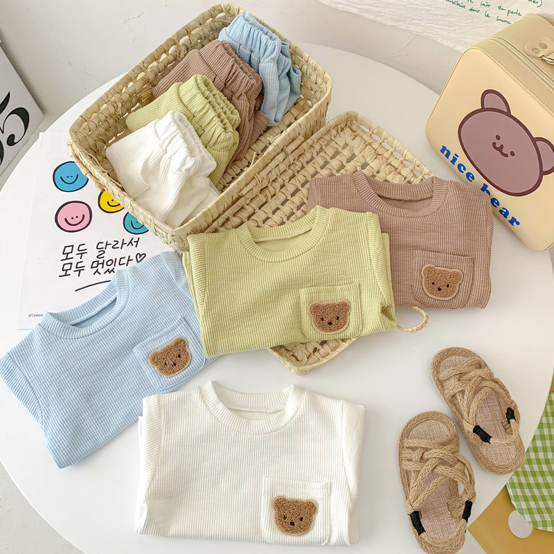 2022 Boys and Girls Summer Simple Bear Short Sleeve Shorts Set Baby Two Piece Set - PrettyKid